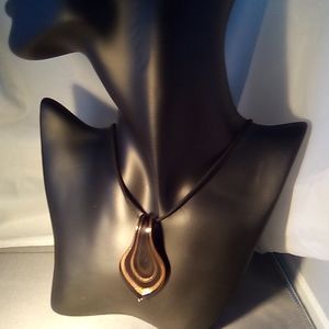 Hand made Black and Gold Stone Necklace on Black Leather Cord.